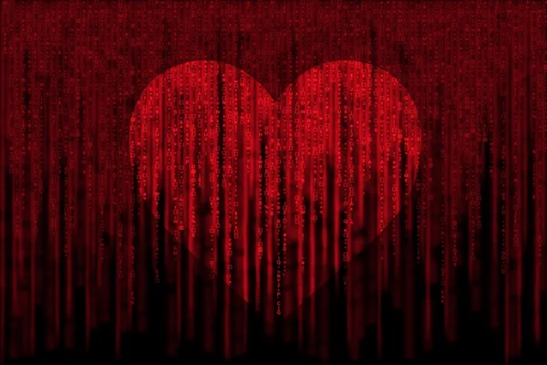 Ordenador de fondo de matriz roja generada, con símbolo de corazón de amor — Foto de Stock