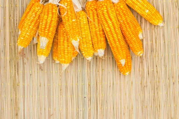 Dry corn on thai traditional mat with copyspace — Stock Photo, Image