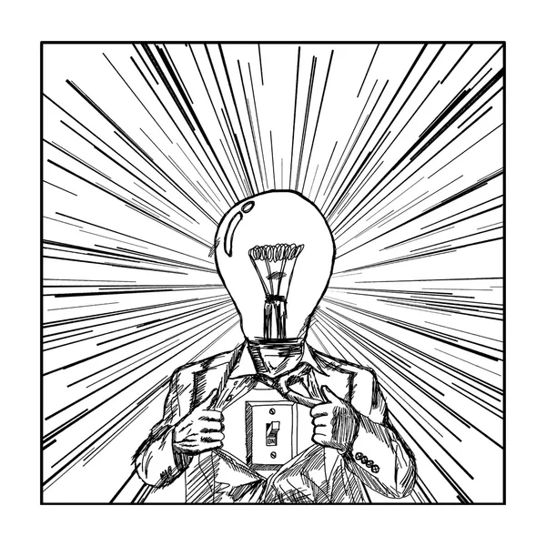 Homem de negócios desenhado à mão com cabeça de lâmpada agindo como um super herói w —  Vetores de Stock