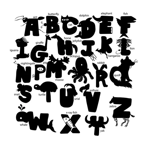 Illustration Vektor schwarze Silhouette Alphabet Satz von Tier — Stockvektor