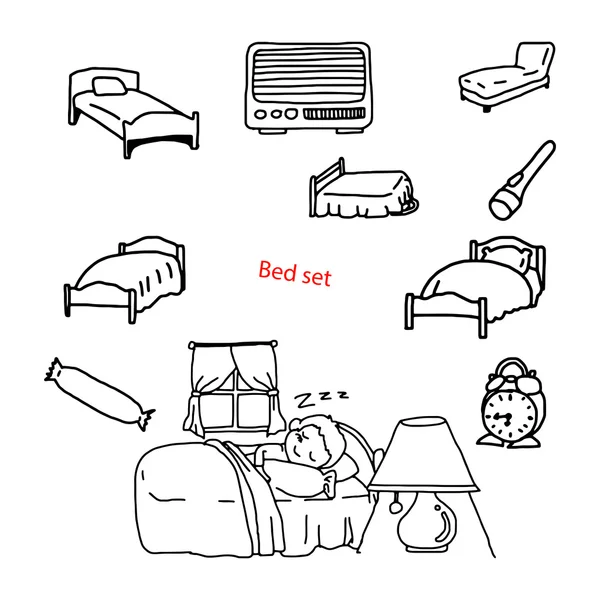 Yatak odasında çizilmiş nesneleri illüstrasyon vektör karalamalar el.