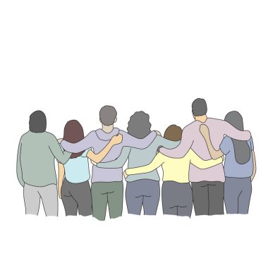 7 kişi, siyah çizgilerle çizilmiş arka plan illüstrasyon vektör ellerinde toplanır.