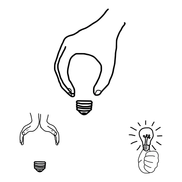 Illustration vector doodles hand drawn hand making bulb form, id — Stock Vector