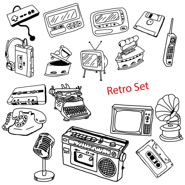 Illustration vector doodles hand drawn set of retro-styled objec — Stock Vector