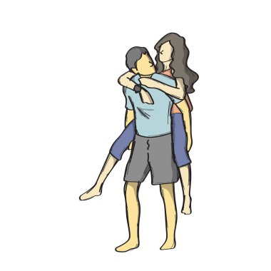 Sevgili çift siyah çizgileri olan bir çizim çizimi çizerek sırtına biniyor.