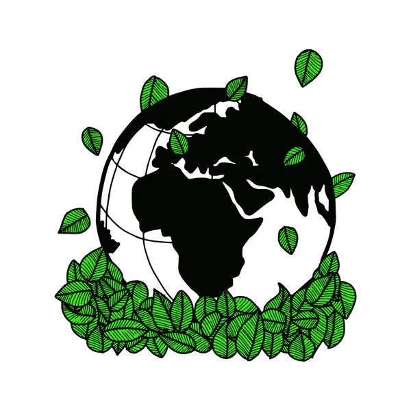 Ilustração vetor doodle terra desenhada à mão e folhas verdes, ec — Vetor de Stock