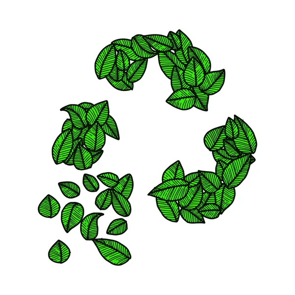 Illustration Vektor Doodle Hand gezeichnet grüne Blätter Recycling-Logo, — Stockvektor