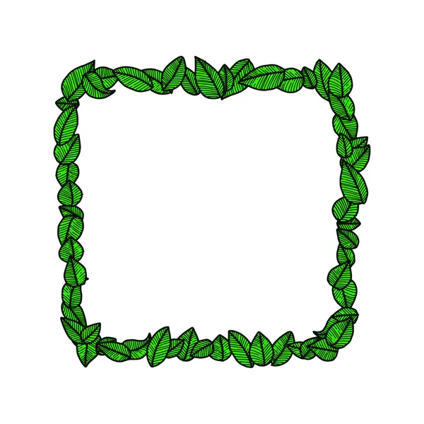 Illustrazione vettore doodle disegnato a mano foglie verdi cornice quadrata , — Vettoriale Stock