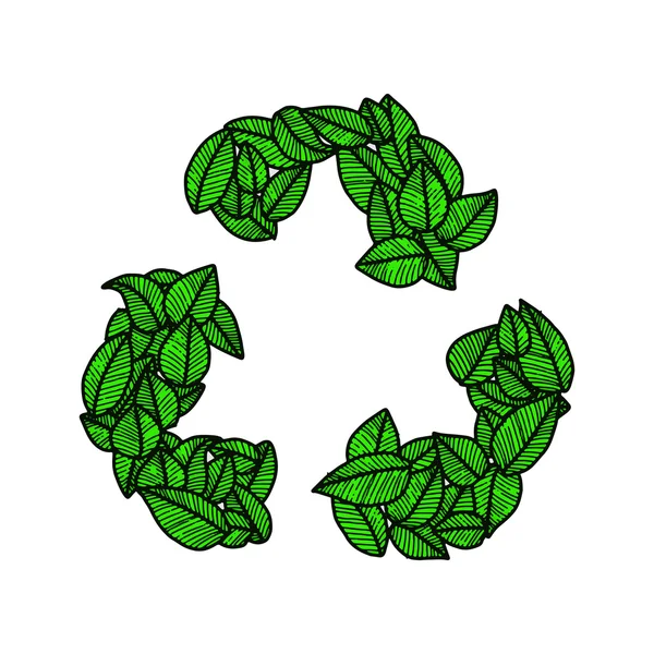 Illustration Vektor Doodle Hand gezeichnet grüne Blätter Recycling-Logo, — Stockvektor