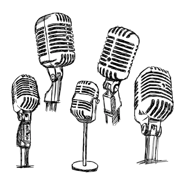 Illustrazione vettore doodle disegnato a mano set di microfoni retrò, info — Vettoriale Stock
