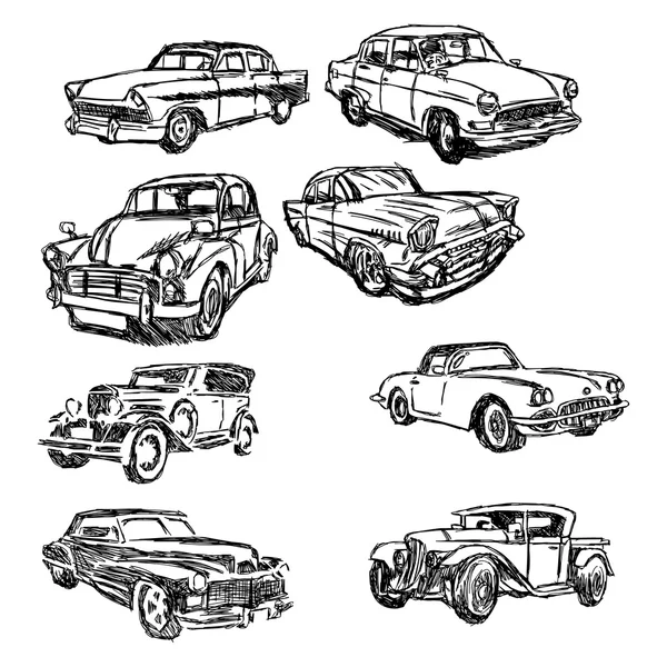 Wektor doodle ciągnione o szkic zestaw stary samochód isol — Wektor stockowy