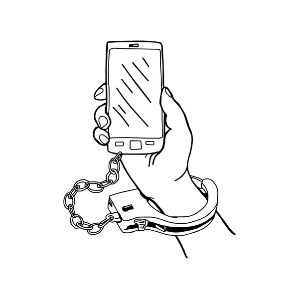 Illustration vector hand drawn doodle hand holding mobile phone with handcuffs. — Stock Vector