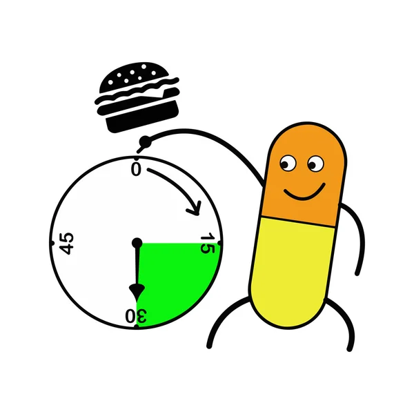 Illustration Vektor-Kapsel zeigt Uhr und Hamburger oben, — Stockvektor