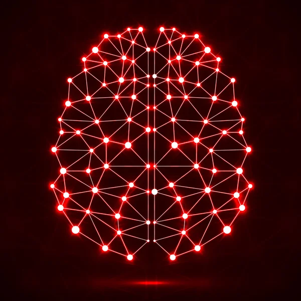 Abstraktes polygonales Gehirn mit leuchtenden Punkten und Linien, Netzwerkverbindungen — Stockvektor