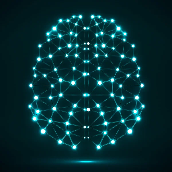 Streszczenie wielokątne mózgu z świecące punkty i linie, połączenia sieciowe — Wektor stockowy