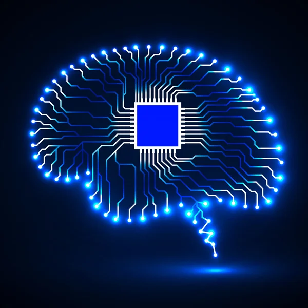 Cerveau néon. Cpu. Circuit. Contexte technologique abstrait — Image vectorielle