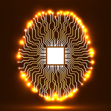 Neon beyin. CPU. Devre kartı. Soyut teknolojik altyapı