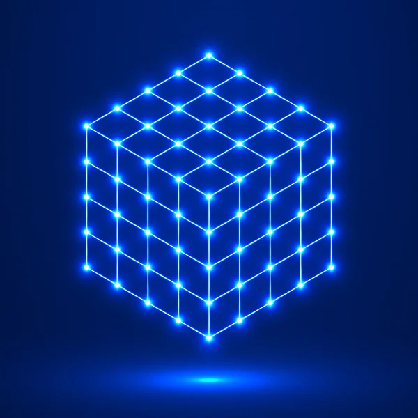 Cubo de líneas y puntos, celosía molecular, forma geométrica, conexión de red — Archivo Imágenes Vectoriales