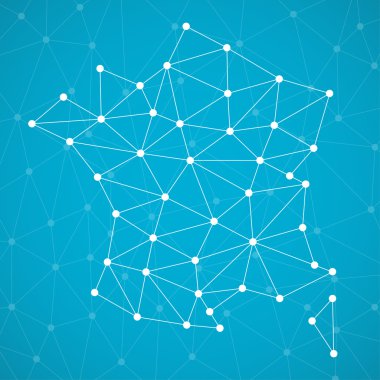 Abstract polygonal France map with dots and lines, network connections, vector illustration