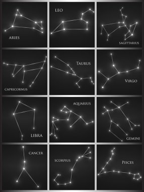 Zodyak takımyıldızlarını kümesi. Astroloji kümesi: Koç, aslan, Sagitarius, Oğlak, boğa, Başak, Terazi, kova, İkizler, kanser, Akrep, Pisce