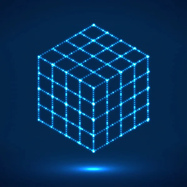 Cubo de líneas brillantes, celosía molecular, forma geométrica, conexión de red — Archivo Imágenes Vectoriales