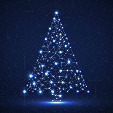 Parlak çizgileri ve noktaları olan soyut neon noel ağacı, vektör illüstrasyonu