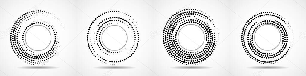 Vector set of dotted circles, logo inside with shadow. Dots in circular form. Halftone effect, design element. Vector