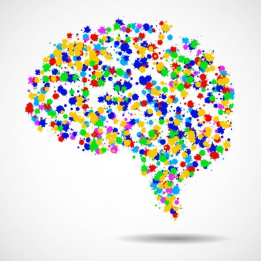 Renkli mürekkepli soyut insan beyni, grunge sıçramaları. Vektör illüstrasyonu