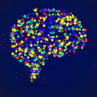 Renkli mürekkepli soyut insan beyni, grunge sıçramaları. Vektör illüstrasyonu