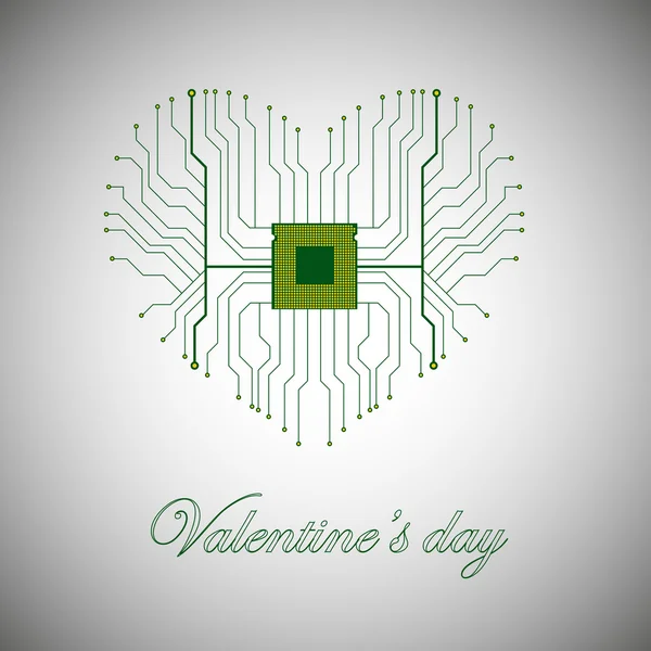 Painettu piirilevy prosessorilla sydämen muodossa. Hyvää ystävänpäivää. Vektori kuvitus — vektorikuva