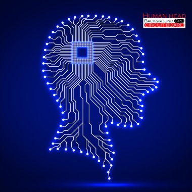 Neon insan kafası. CPU. Devre kartı. Vektör çizim. EPS 10