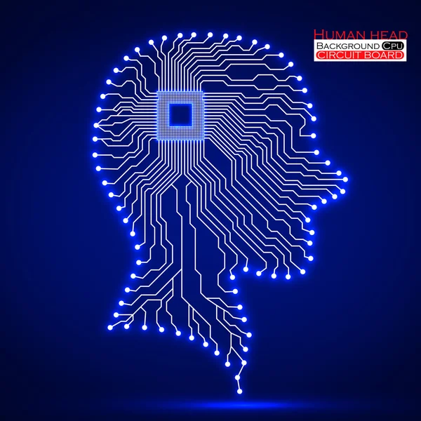 Neon human head. Cpu. Circuit board. Vector illustration. Eps 10 — Stock Vector