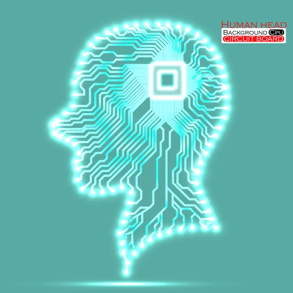 Neon human head. Cpu. Circuit board. Vector illustration. Eps 10 — Stock Vector