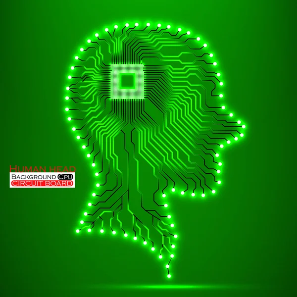 Neon human head. Cpu. Circuit board. Vector illustration. Eps 10 — Stock Vector