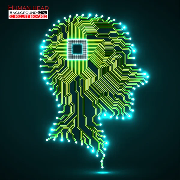 Neon human head. Cpu. Circuit board. Vector illustration. Eps 10 — Stock Vector