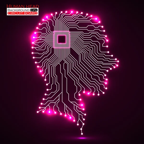 Neon emberi fej. CPU. Nyomtatott áramkör. Vektoros illusztráció. EPS-10 — Stock Vector