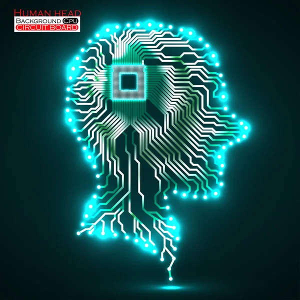 Neon emberi fej. CPU. Nyomtatott áramkör. Vektoros illusztráció. EPS-10 — Stock Vector