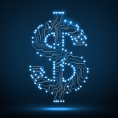 Neon Doları sembolü. Devre kartı. Vektör çizim. EPS 10