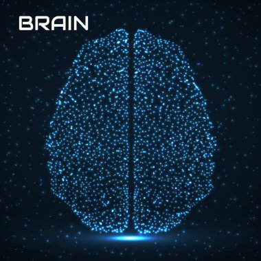 Parlayan parçacıklardan oluşan soyut insan beyni, teknoloji kavramı. Vektör illüstrasyonu