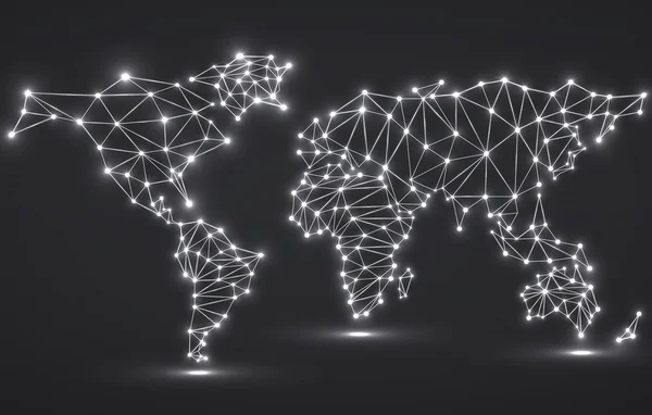 Mapa del mundo poligonal abstracto con puntos y líneas brillantes — Archivo Imágenes Vectoriales