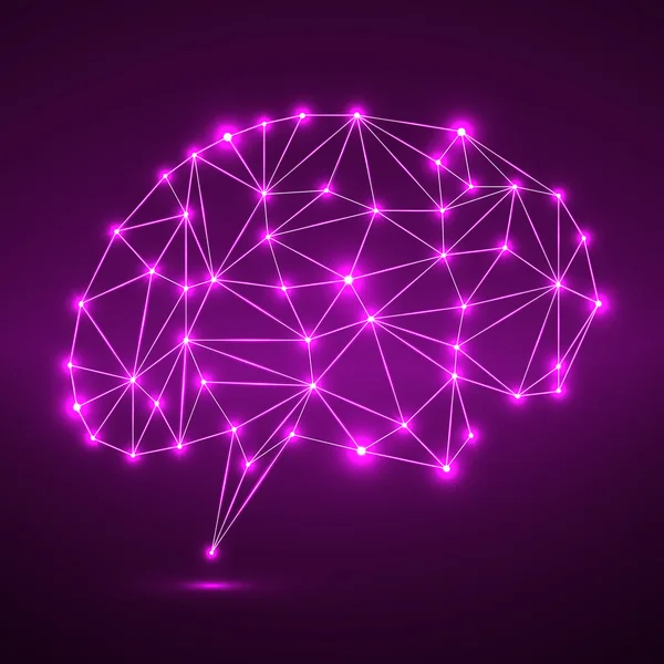 Abstract polygonal brain with glowing dots and lines, network connections. Vector illustration. Eps 10 — Stock Vector