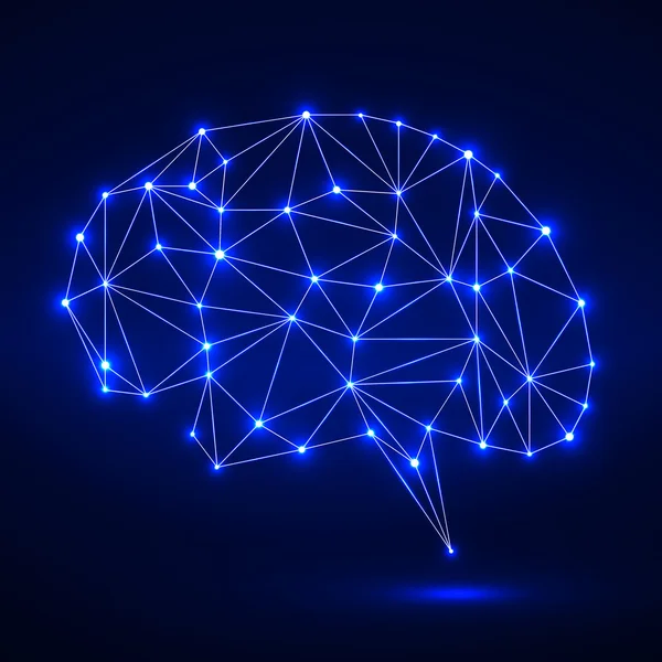 Abstract polygonal brain with glowing dots and lines, network connections. Vector illustration. Eps 10 — Stock Vector