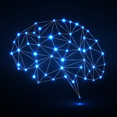 Abstract polygonal brain with glowing dots and lines, network connections. Vector illustration. Eps 10