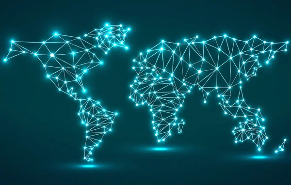 Mapa do mundo poligonal abstrato com pontos brilhantes e linhas, conexões de rede. Ilustração vetorial. Eps 10 —  Vetores de Stock