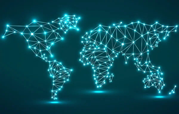 Abstract polygonal world map with glowing dots and lines, network connections. Vector illustration. Eps 10 Vector Graphics