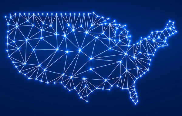 Carte polygonale abstraite États-Unis avec points lumineux et lignes, connexions réseau. Illustration vectorielle. Eps 10 — Image vectorielle