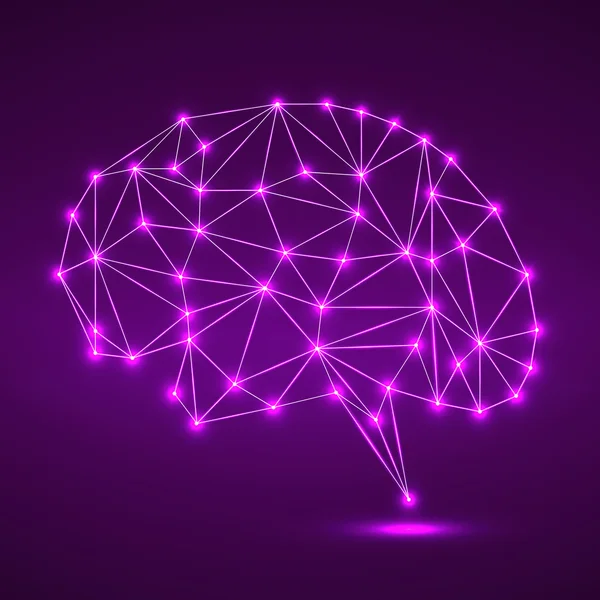 Abstract polygonal brain with glowing dots and lines, network connections. Vector illustration. Eps 10 — Stock Vector