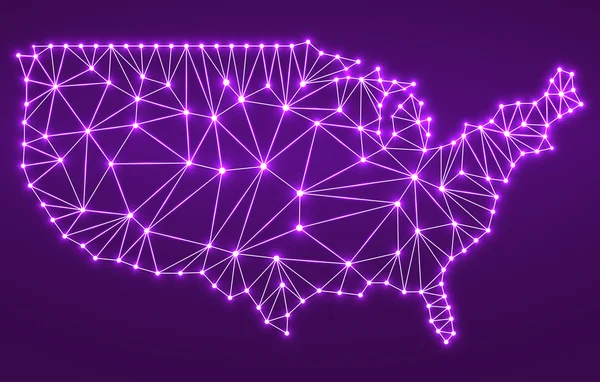 Carte polygonale abstraite États-Unis avec points lumineux et lignes, connexions réseau — Image vectorielle