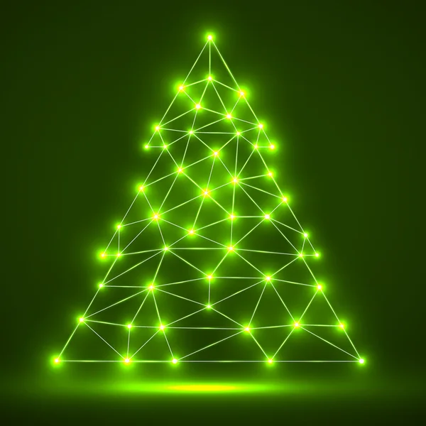 Abstrakter polygonaler Weihnachtsbaum mit leuchtenden Punkten und Linien — Stockvektor