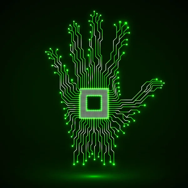 霓虹灯的手。Cpu。电路板 — 图库矢量图片